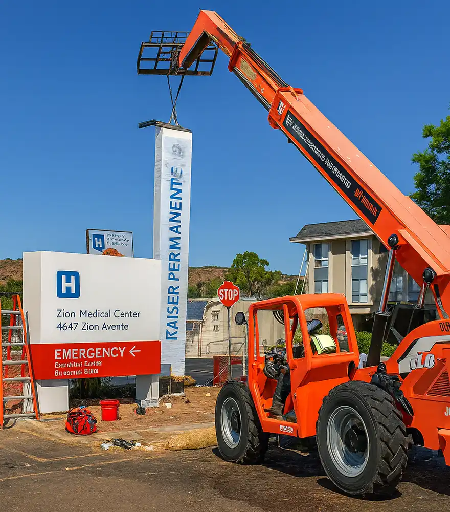 Monument ID sign being installed at a medical center with a reach lift