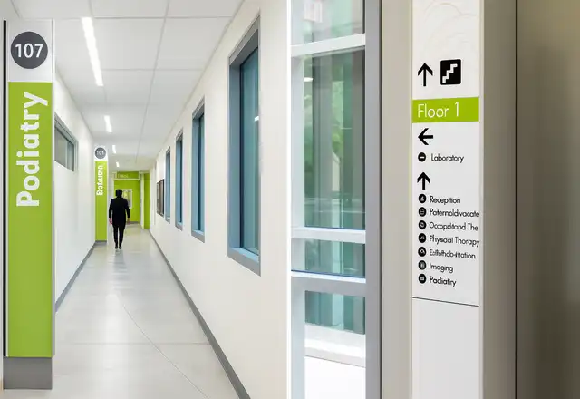Interior wayfinding directory sign system in a healthcare facility corridor