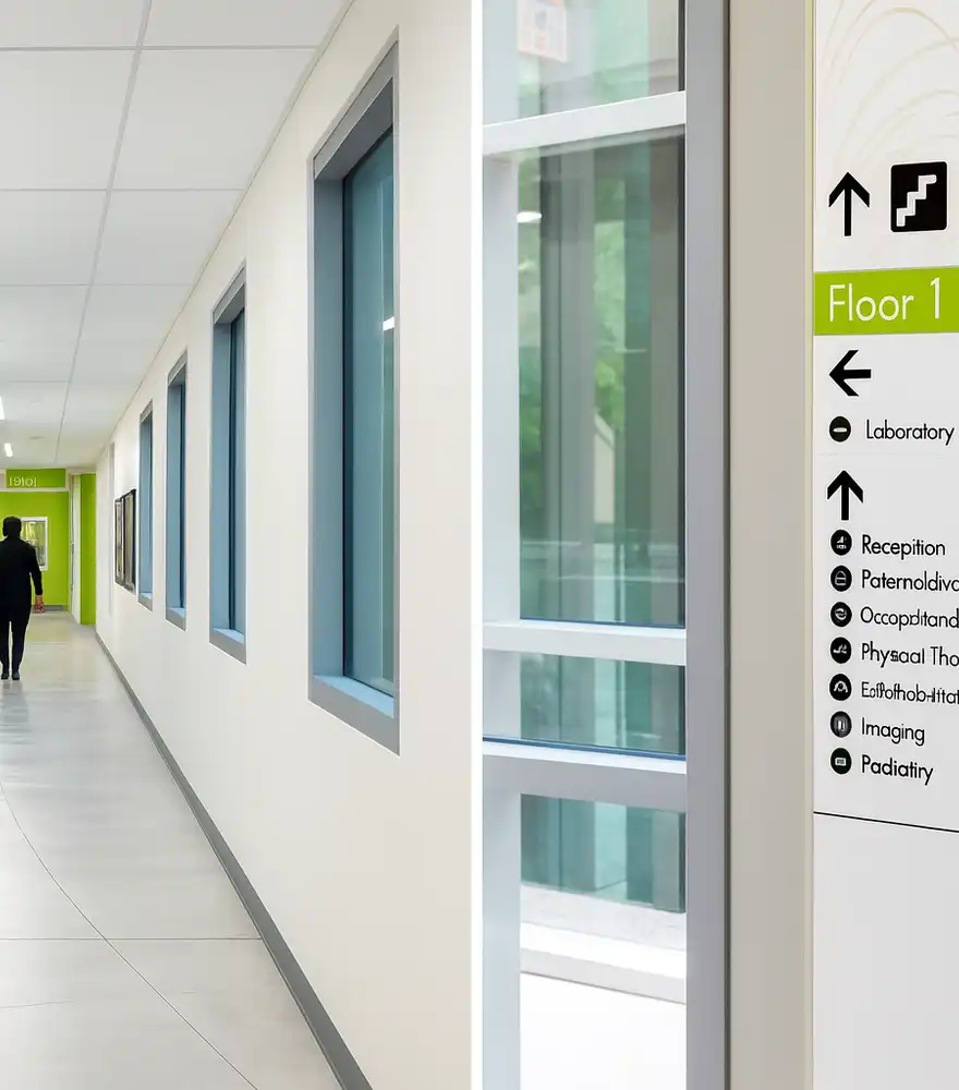Interior wayfinding directory sign system in a healthcare facility corridor